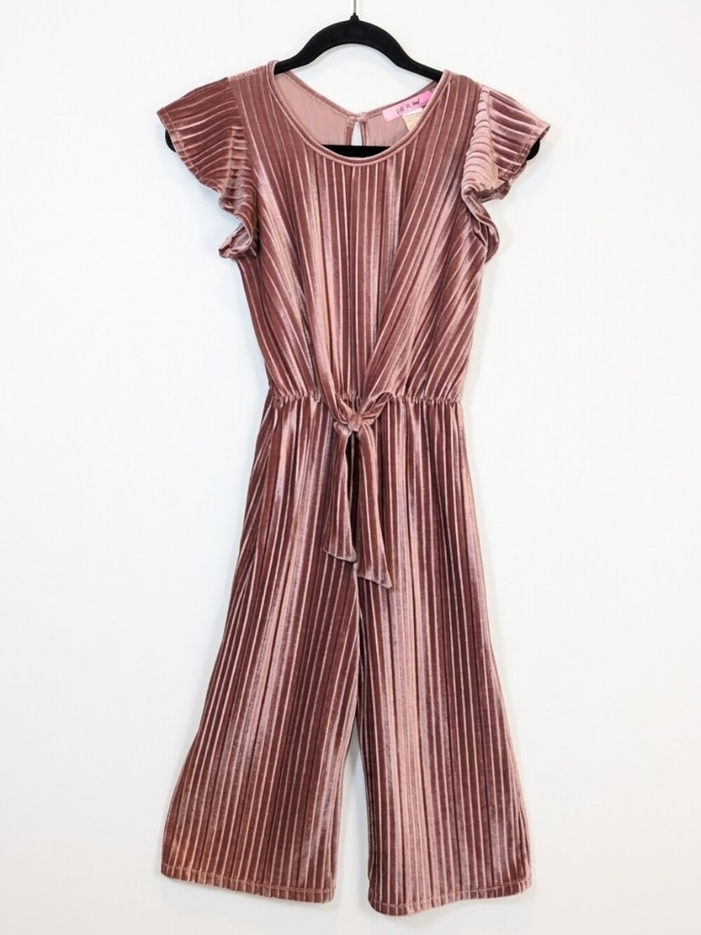 Paper Doll Pleated Pink Velvet Jumpsuit Flutter Sleeve Tie Waist Sz 10 Wide Leg